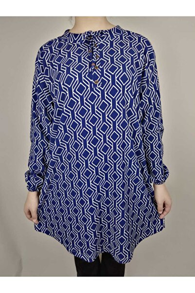 YAŞAR TRİKO Жіноча темно-синя туніка з коміром на ґудзиках, довгими рукавами, манжетами на зап'ястях та овальною спідницею з підвернутим краєм.