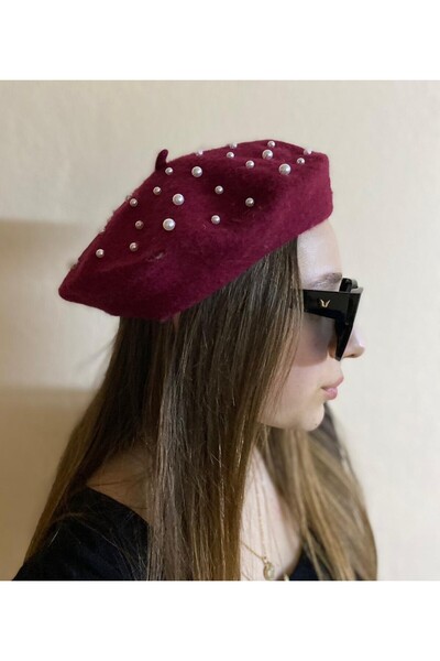 sema aksesuar Бордовий колір з перлами Французький художник Капелюх - Капелюх...