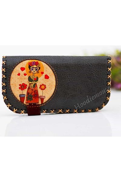 HOODİEMOUSE Large Wallet with Mexican Frida Figure Ethnic Bohemian Retro Vintage Style - Anthracite