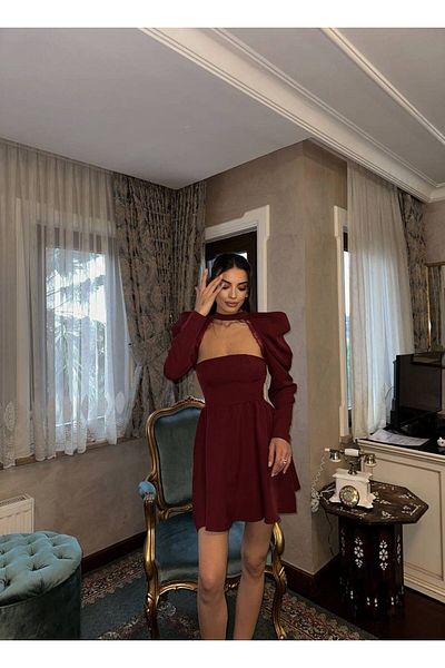 LOCH BUTİK ROCHIE MINI CU DETALIU DE DANTELĂ cu mâneci cu balon roșu Claret pentru femei