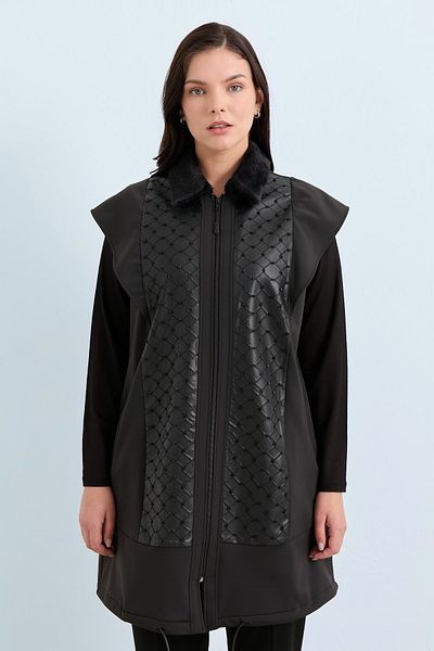 Nihan Quality Şekercilik Long Pattern Black Vest with Fur Collar