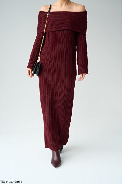 Lupies Kadın Bordo Degaje Yaka Uzun Triko Elbise