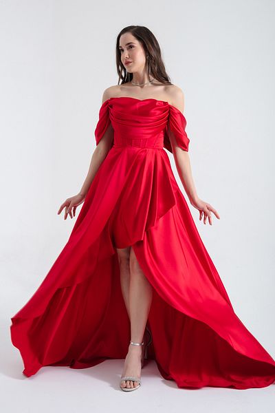 Lafaba Women's Red Boat Neck Flounced Long Satin Evening Dress