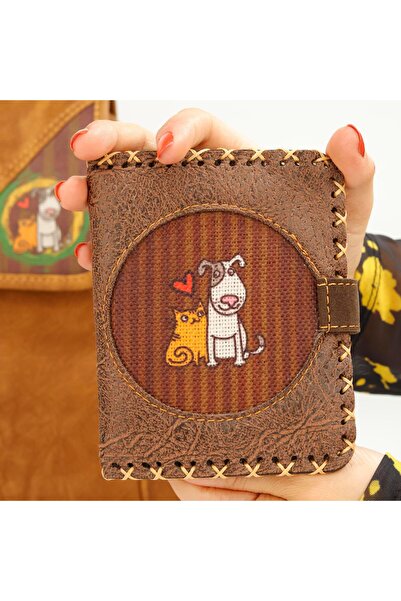 HOODİEMOUSE Kedi ve Köpek Figürlü Küçük Cüzdan Etnik Bohem Retro Style - Kahv...