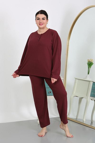 Akbeniz Burgundy Combed Cotton Pajamas - Long Sleeve, Plus Size 202501