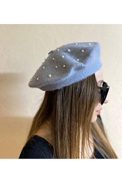 sema aksesuar قبعة رسام فرنسية باللون الرمادي مع اللؤلؤ - قبعة - هدية عيد الحب