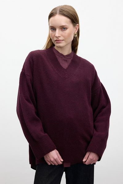 Manuka Pulover din tricot simplu cu decolteu în V - prune