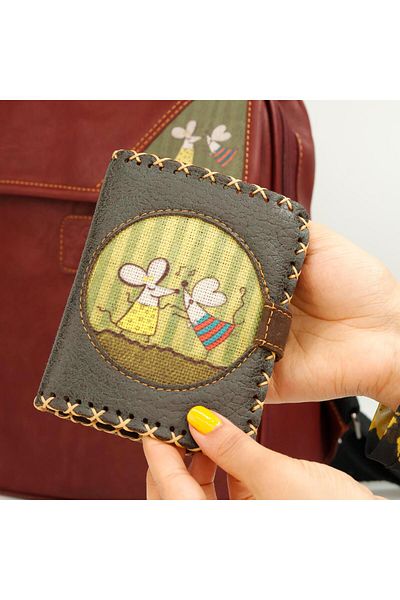 HOODİEMOUSE Small Wallet with Dancing Mouse Figure Ethnic Bohemian Retro Style - Anthracite