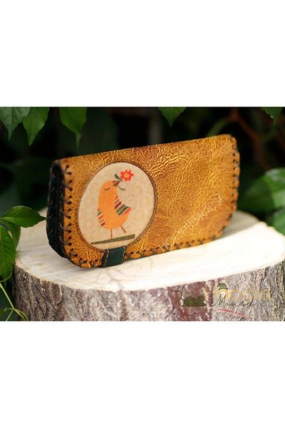 HOODİEMOUSE Large Wallet with Bird Figure Ethnic Bohemian Retro Vintage Style - Mustard