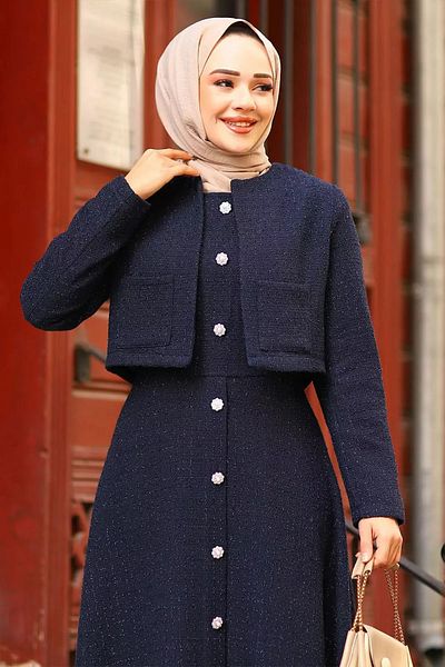 Tesettür Diyarı Length Button Stone Detailed Tweed Jacket Dress - Navy Blue