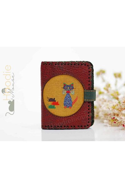 HOODİEMOUSE Cat Mouse Figured Small Wallet Ethnic Bohemian Retro Style - Burgundy