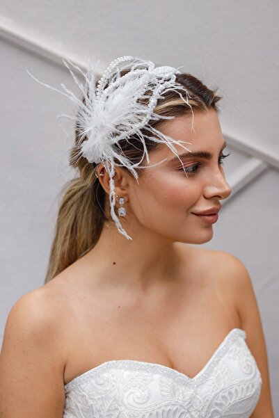 Turkuaz Gelin Saç Aksesuarı/Düğün Nikah İnci Taş Otriş Beyaz Gelin Taç