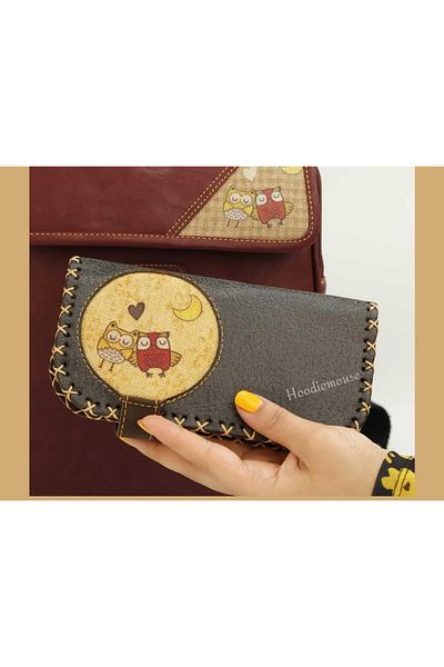 HOODİEMOUSE Large Wallet with Owl Figure Ethnic Bohemian Retro Vintage Style - Anthracite
