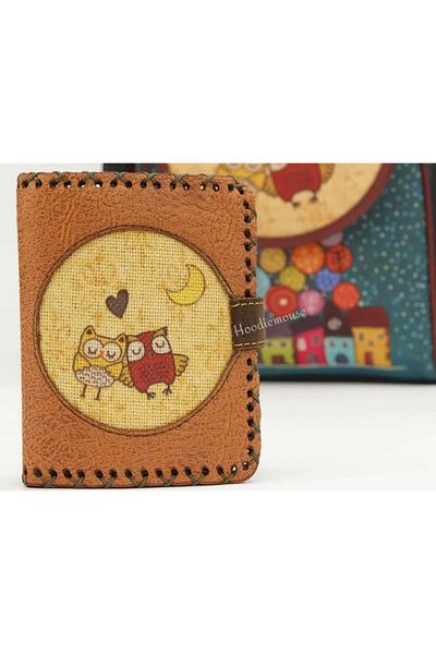 HOODİEMOUSE Owl Figured Small Wallet Ethnic Bohemian Retro Style - Tan