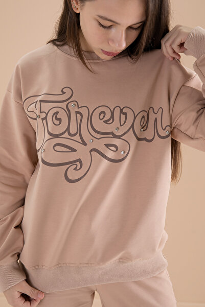 Cansın Mini Σετ φόρμας μπεζ για κορίτσια - Εκτύπωση κειμένου, ελαστική μέση 19896