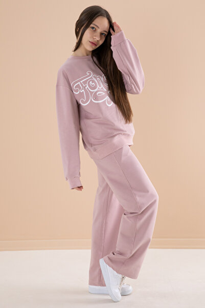 Cansın Mini Σετ φόρμας κοριτσιού Dusty Rose Text Printed με ελαστική μέση φόρμα 19895