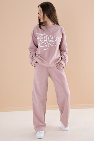 Cansın Mini Σετ φόρμας κοριτσιού Dusty Rose Text Printed με ελαστική μέση φόρμα 19895