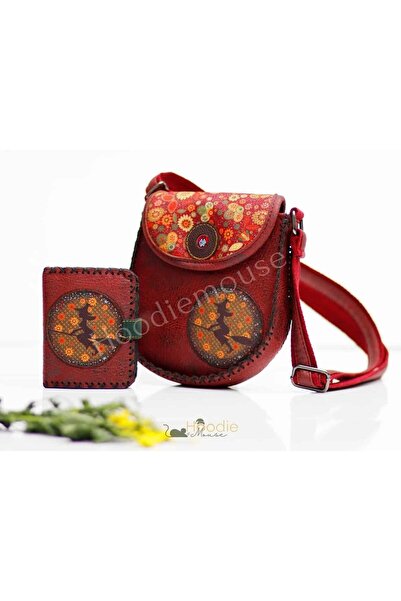 HOODİEMOUSE Cross Braided Arm Bag with Witch Figure Design, Burgundy and Wall...