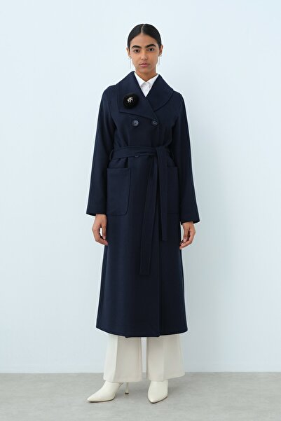 Nihan Asimetrik Yakalı Kuşaklı Kaban Lacivert