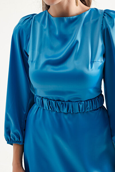 Lafaba Indigové dámské mini zásnubní šaty - balonový rukáv