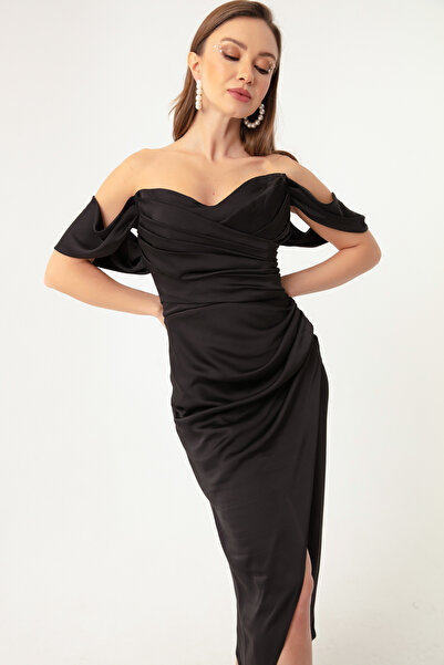 Lafaba Kadın Siyah Kayık Yaka Drapeli Midi Abiye Elbise