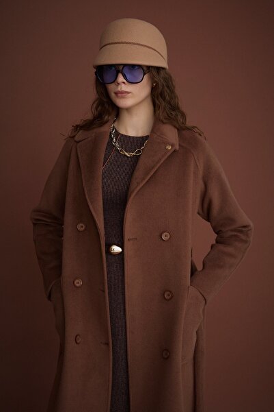 Nihan Kuşaklı Kruvaze Manto Kahve