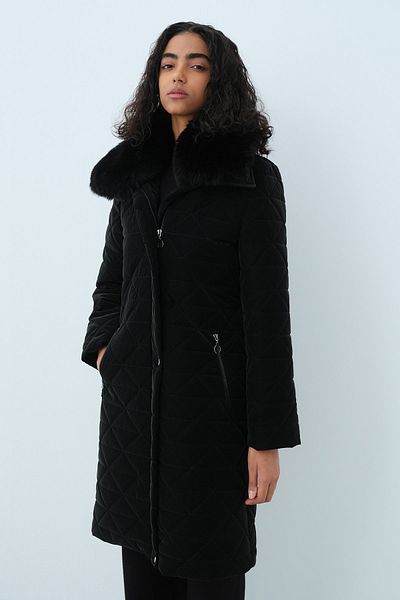 Nihan Quilted Black Coat with Fur Collar
