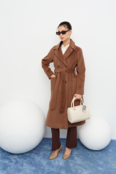 Nihan Kruvaze Kapama Kuşaklı Kaban Kahve