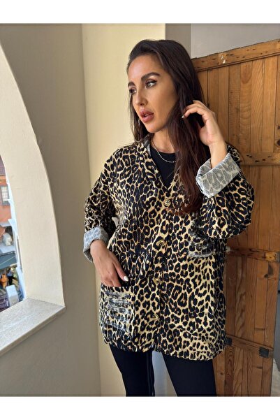 Butik Ayseba Kadın Leopar Pul Payet Detaylı Kapüşonlu Pullu İtalyan Ceket