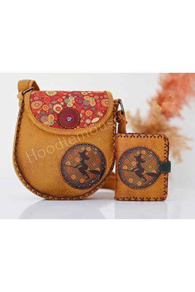 HOODİEMOUSE Cadi Figürlü Tasarımlı Capraz Örgulu Kol Cantası Ve Cuzdan Kombin – Hardal