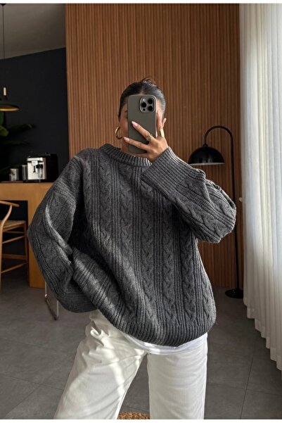 Askı Nişantaşı Antrasit Bisiklet Yaka Saç Örgü Oversize İpek Triko Kazak