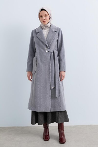 Nihan Yandan Bağlamalı Kruvaze Kaban İndigo