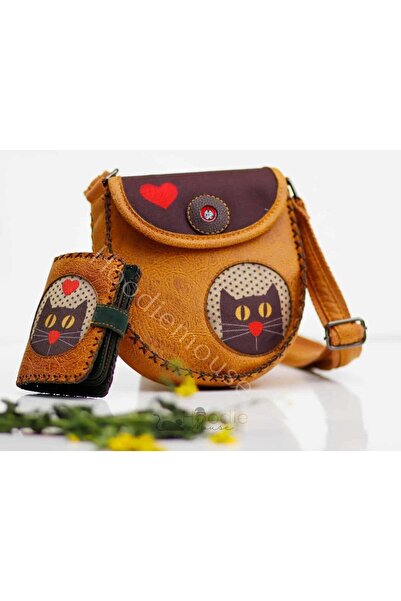 HOODİEMOUSE Cat Love Figured Design Cross Braided Arm Bag and Wallet Combinat...