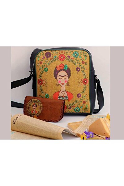 HOODİEMOUSE Frida Figured Large Postman Shoulder Bag Ethnic Bohemian Style Bag Black Wallet Tan Combination