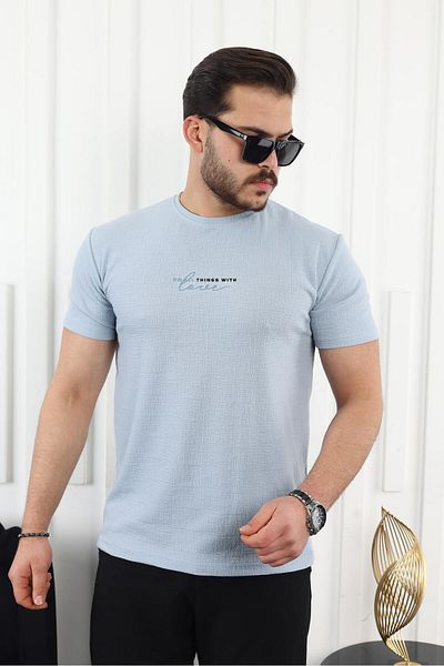 comstar Tricou de bază albastru, strâns, imprimat cu model propriu pentru bărbați