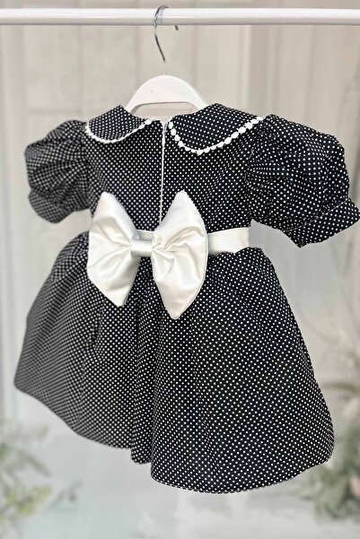 Bertuğ Bebek Bebe Yaka Dantelli Kız Çocuk Bebek Puantiyeli Pamuklu Siyah Beyaz Elbise
