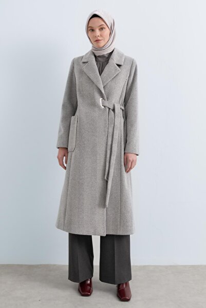 Nihan Yandan Bağlamalı Kruvaze Kaban Füme