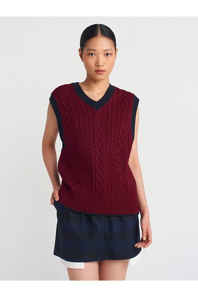 Dilvin 10691 Model V-Neck Braided Burgundy Striped Knitwear Sweater - L.