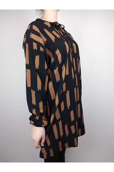 YAŞAR TRİKO Women's Brown Lace-Up Neckline Buttoned Long Sleeve Sleeve Ankle Elastic Ribbed Oval Hem Tunic