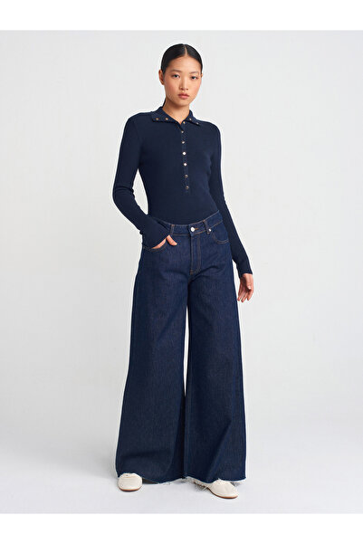 Dilvin 10686 Πλεκτό πουλόβερ με ψηλός λαιμός κουμπώματα-Μπλε ναυτικό