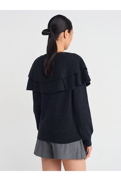 Dilvin 10657 Crew Neck Cloak Buttoned Knitwear Sweater-Anthracite
