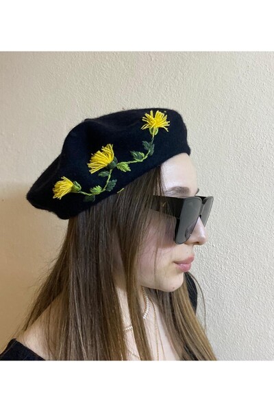 sema aksesuar هدية عيد الحب قبعة رسام سوداء مطرزة بالزهور الصفراء مصنوعة يدوي...