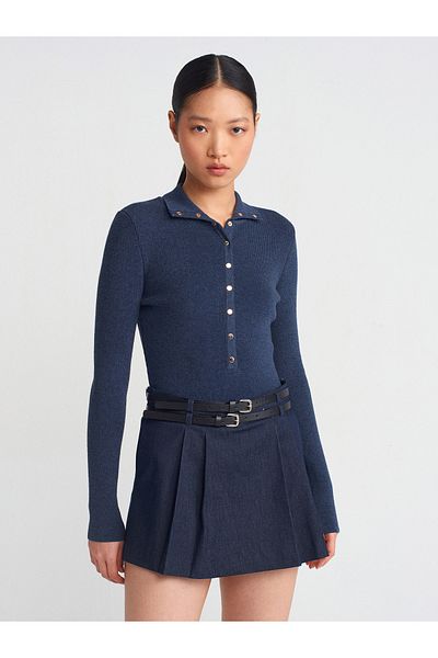 Dilvin 10686 Stand Collar Snap Fastener Sweater-Indigo