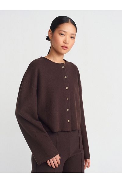 Dilvin 60426 Model Long Sleeve Corded Cardigan - Brown