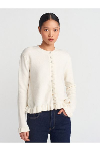Dilvin 60934 Crew Neck Ruffle Detailed Buttoned Knitwear Cardigan-Ecru