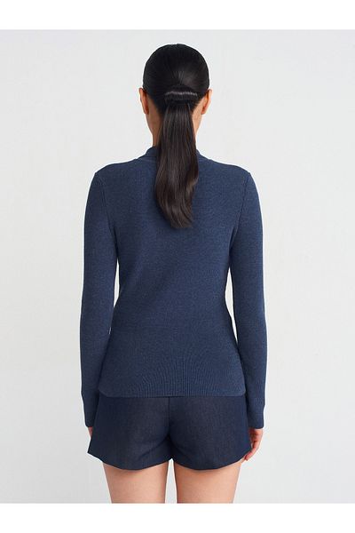Dilvin 10686 Stand Collar Snap Fastener Sweater-Indigo
