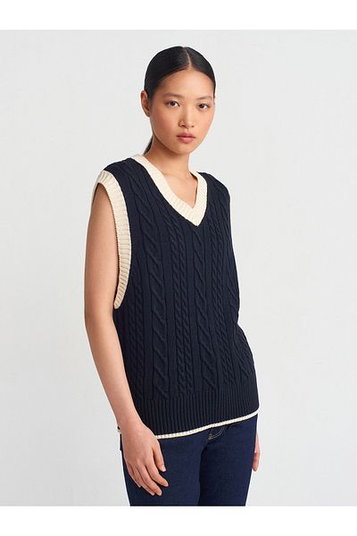 Dilvin 10691 V-Neck Braided Striped Knitwear Sweater-Navy Blue