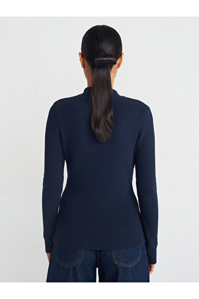 Dilvin 10686 Πλεκτό πουλόβερ με ψηλός λαιμός κουμπώματα-Μπλε ναυτικό