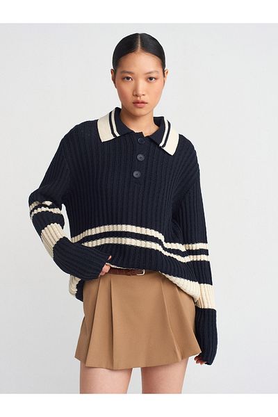 Dilvin 10695 Polo Neck Striped Buttoned Knitwear Sweater-Navy