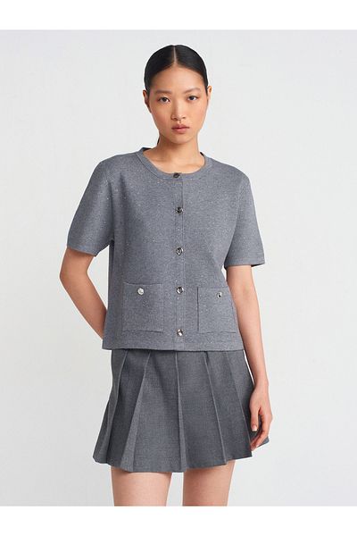 Dilvin 60920 Cardigan de tricotaj afumat - Gât turnat, paiete, buzunare, mărimea M